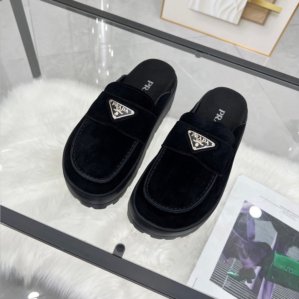 Prada women's black Velcro slippers